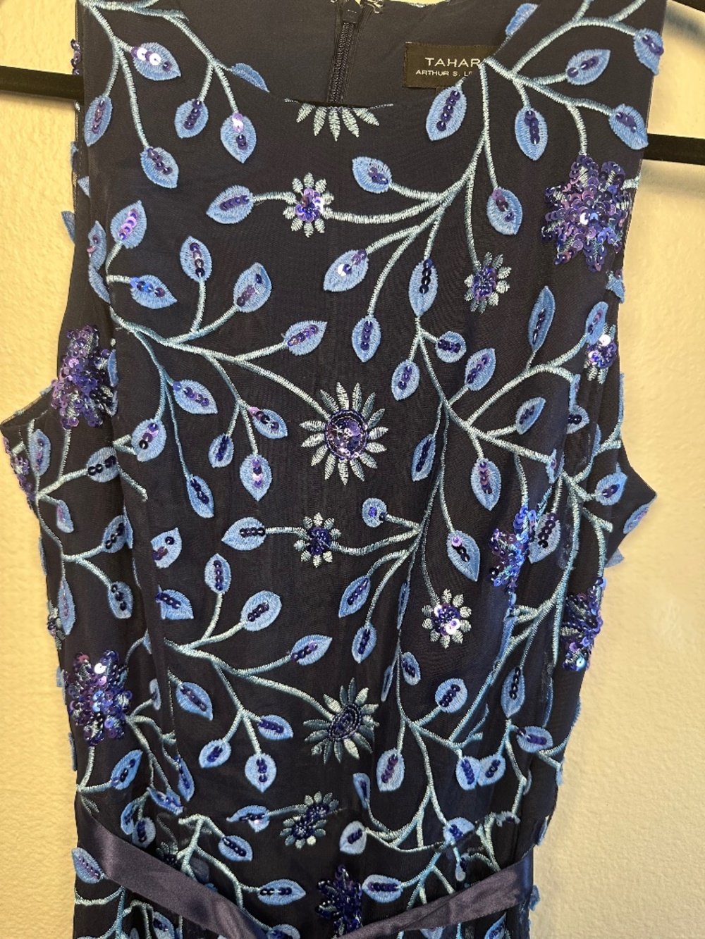 Tahari Dark Blue Dress with light blue Embroidery